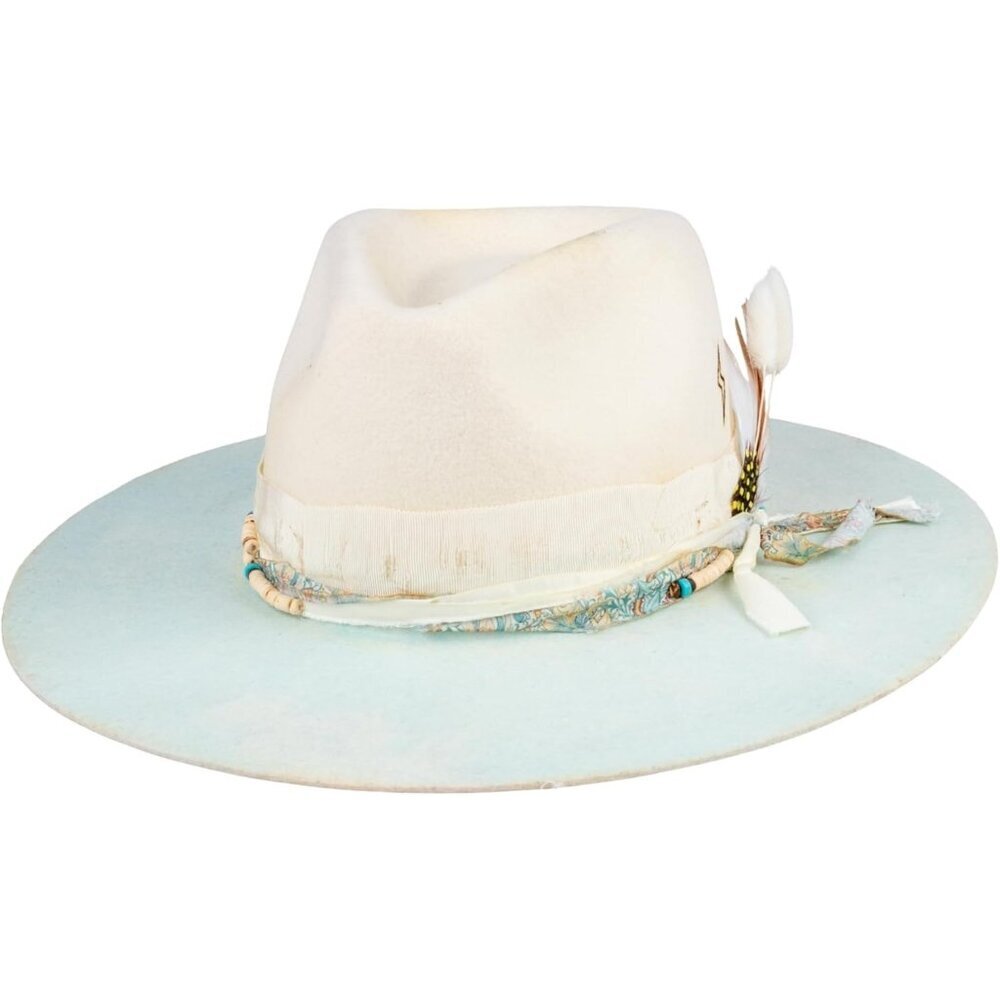 Unisex Cream Blue Western With Feather & Band Detail Classic Fedora Cowboy Hat